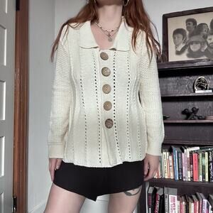 Vintage Willow Cardigan Womens M Cream Cable Knit 100% Cotton Wooden Buttons USA